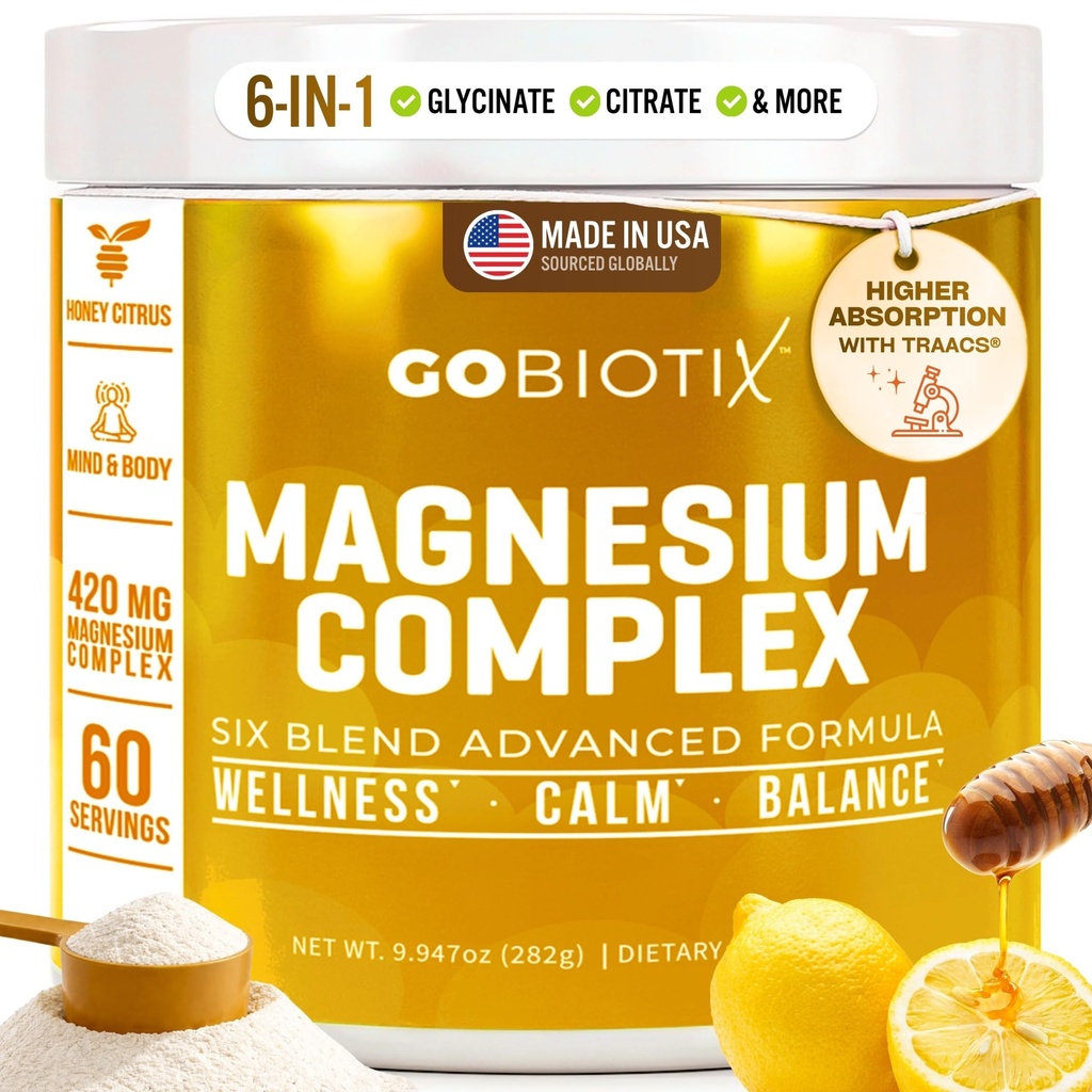 GoBiotix Magnezyum Glycinate Toz - Kadınlar ve Erkekler için Cortisol Supplements - Yüksek Abhidrasyon Magnezyum Kompleksi Calm Supplement with Citrate, Malate - Sugar Free - 420 mg, 60 Hizmet - Honey Citrus