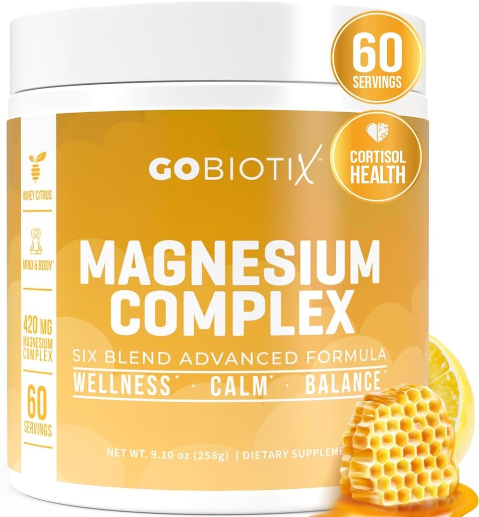 GoBiotix Magnezyum Glycinate Toz - Kadınlar ve Erkekler için Cortisol Supplements - Yüksek Abhidrasyon Magnezyum Kompleksi Calm Supplement with Citrate, Malate - Sugar Free - 420 mg, 60 Hizmet - Honey Citrus