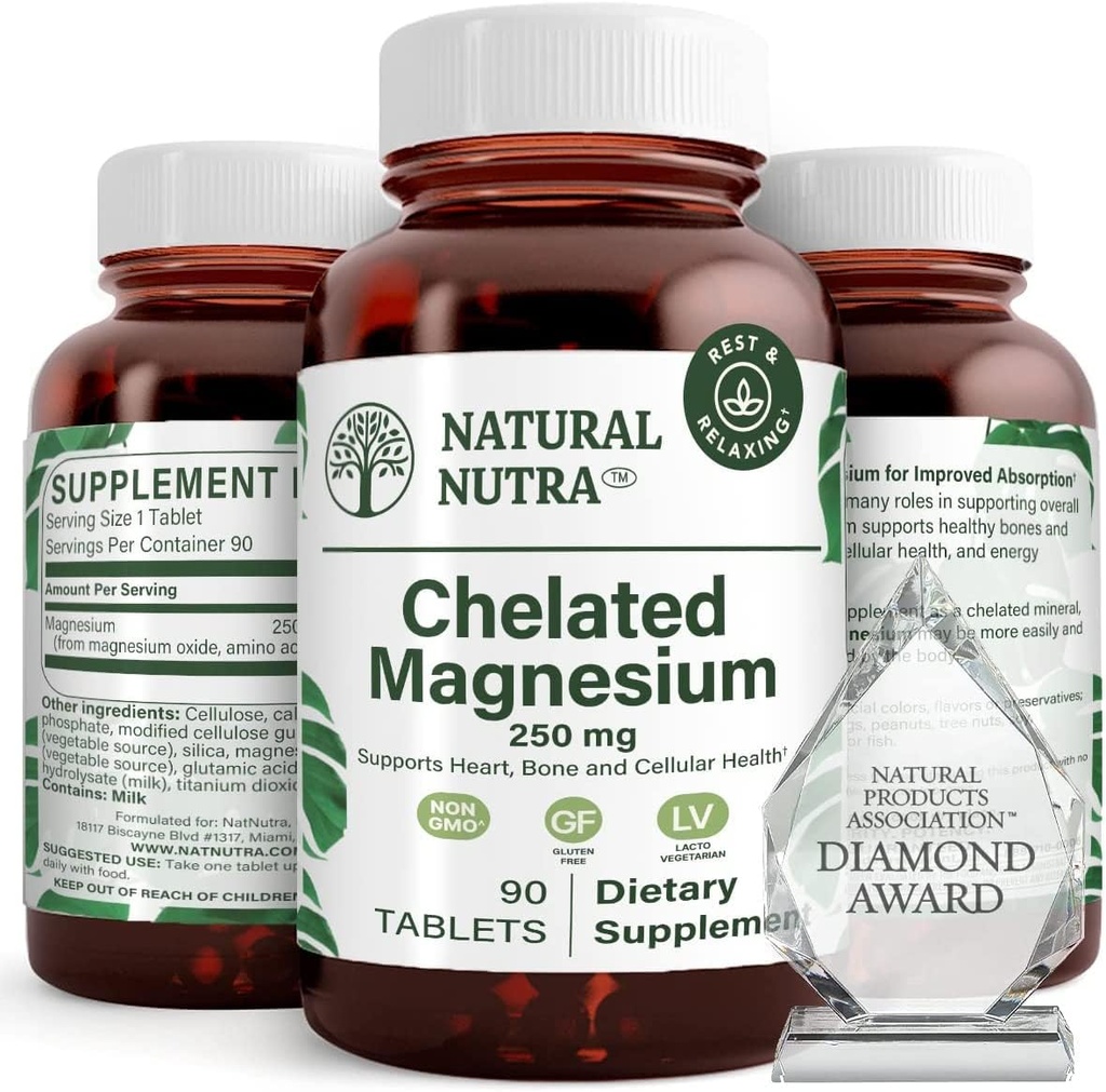 Natural Nutra Chelated Magnesium Oxide 250 mg - High Absorption for Strong Bones, Heart Health, Energy Boost, Gluten-Free, Non-GMO, 90 Tablets (3 Pack) in BPA-Free Recyclable Glass Bottles