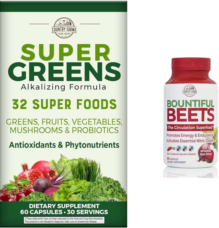 COUNTRY FARMS Super Greens Meyve Sebze Probiyotikleri Antioksis Phytonutrients Beet Root Nitrik Oksit Circulation Immune Support Capsules