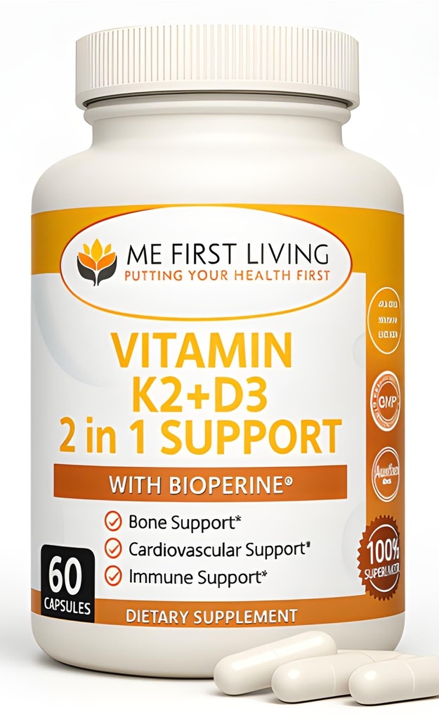 Me First Living Vitamin D3 K2 συμπλήρωμα Οστική και καρδιακή υγεία Μη ΓΤΟ Φόρμουλα 125 MCG Βιταμίνη D3 & 100 MCG Βιταμίνη K2 MK-7 Εύκολο στην κατάποση Βιταμίνη D & K Complex με ασβέστιο
