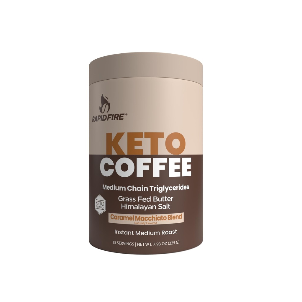 Rapidfire Keto Καφές στιγμιαίο μείγμα καφέ, Caramel Macchiato Γεύση, 7.93 Ουγγιά (255g), 15 εξυπηρετούν