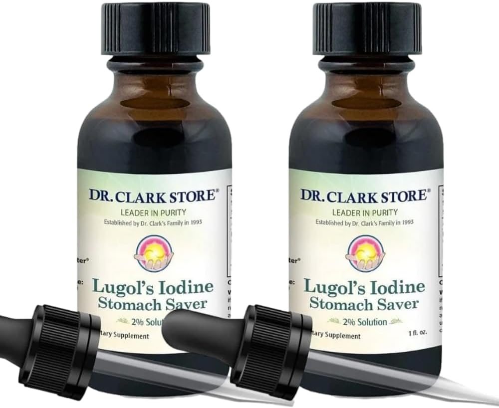 Dr. Clark Lugol'un Iodine 2 Çözümü - Aqueous ve% 2 Granular Iodine - Natural Stomach Relief and Health - 1 fl. Oz with a Dropper 2Pack.