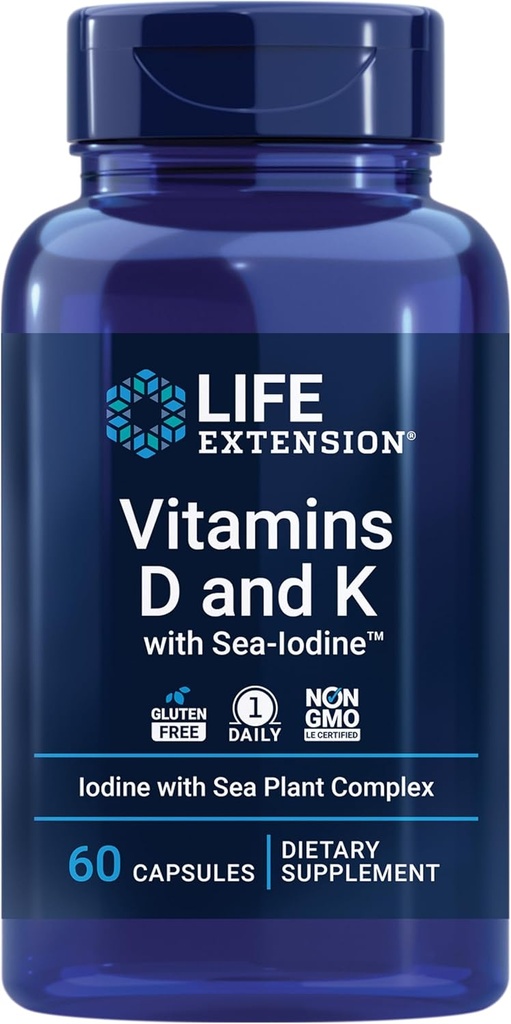 Life Extension Vitamins D and K with SeaIodine Bone Brain Yourroid Arterial Support Non GMO Once Daily Gluten Free, 60 Count Count Count