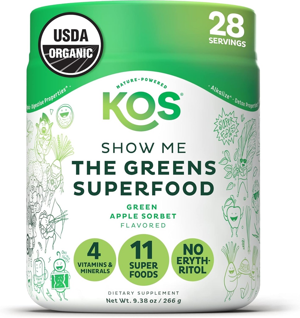 KOS Organik Super Greens Toz Erythritol Free - Plantive Superfood Mix with Spirulina, Chlorella & Wheatgrass - USDA Sertifikalı Organik, Yeşil Su Smoothie - Apple Flavor - 28 Hizmetler