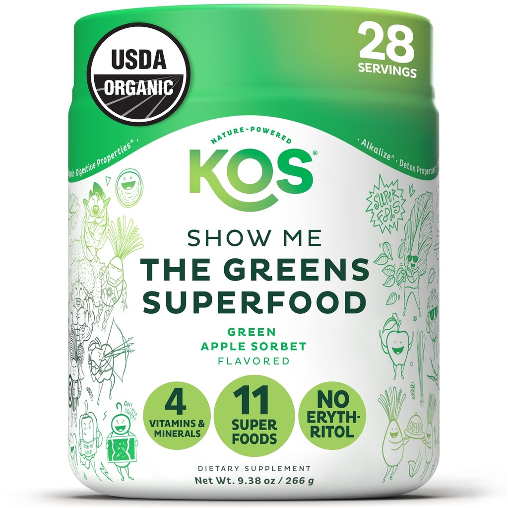 KOS Organik Super Greens Toz Erythritol Free - Plantive Superfood Mix with Spirulina, Chlorella & Wheatgrass - USDA Sertifikalı Organik, Yeşil Su Smoothie - Apple Flavor - 28 Hizmetler