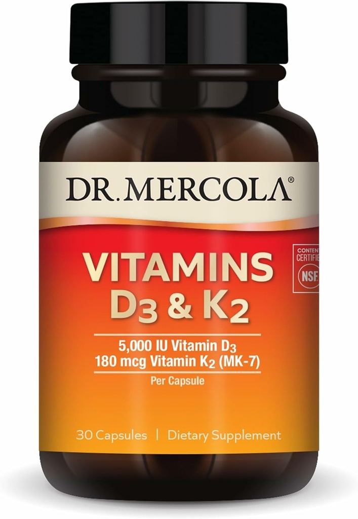 Dr. Mercola Vitamins D3 & K2 - Destekler Immune, Beyin, Cardiovascular, Respiratory & Bone Health - GMO-Free, Gluten-Free & Soy-Free - 30 Capsules (30 hizmet)