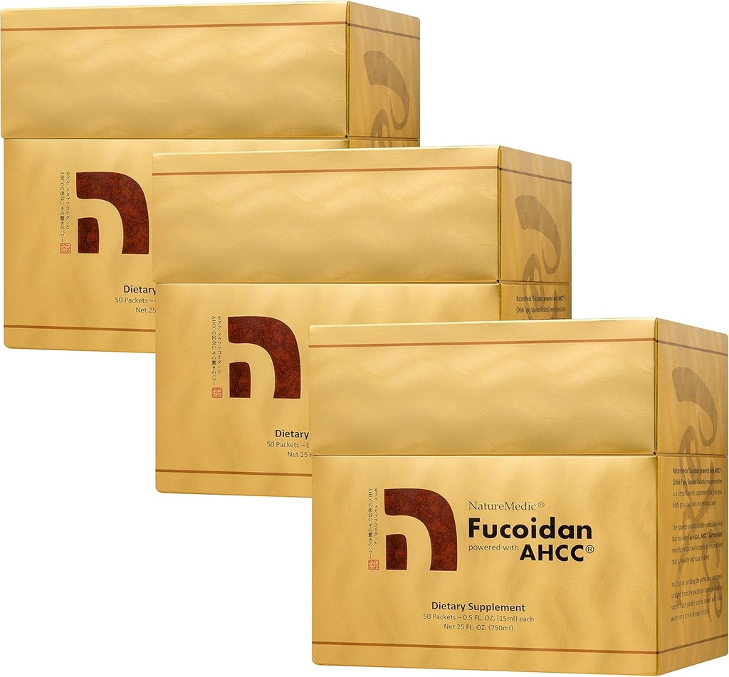 Fucoidan Powered with AHCC® Brown Seaweed Immunity Supplement with Higheight Organic Mekabu Mozuku Agaricus 50 Mekanik Sıvı Ekstralama Paketleri/Box Made in Japan (3 Kutu)