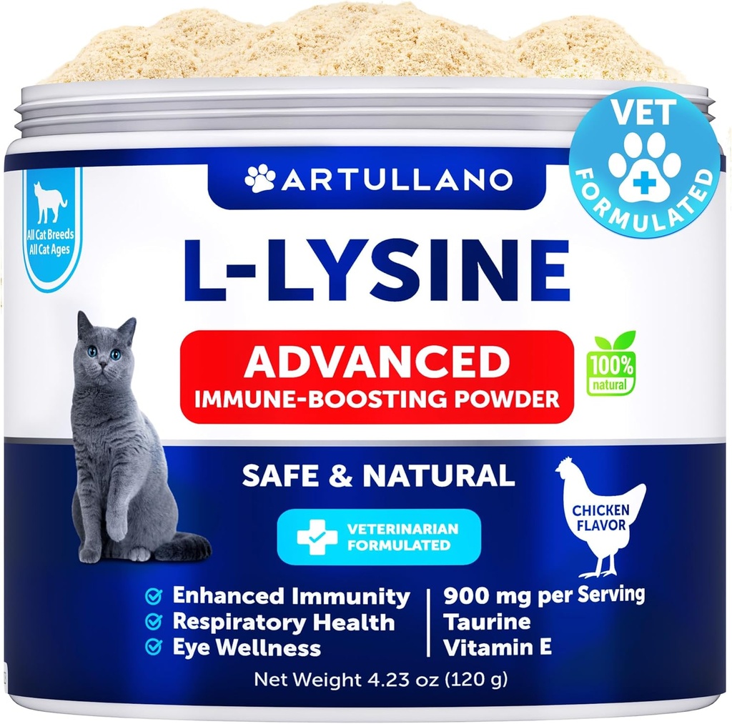 Cats için L-Lysine - Lysine Toz Supplement - 900 mg/serving - Immune Support for Cats & Kittens - Sneezing, Runny Nose, Squinting, Watery Eyes, Cold, Eye Function, Respiratory Health - Taurine