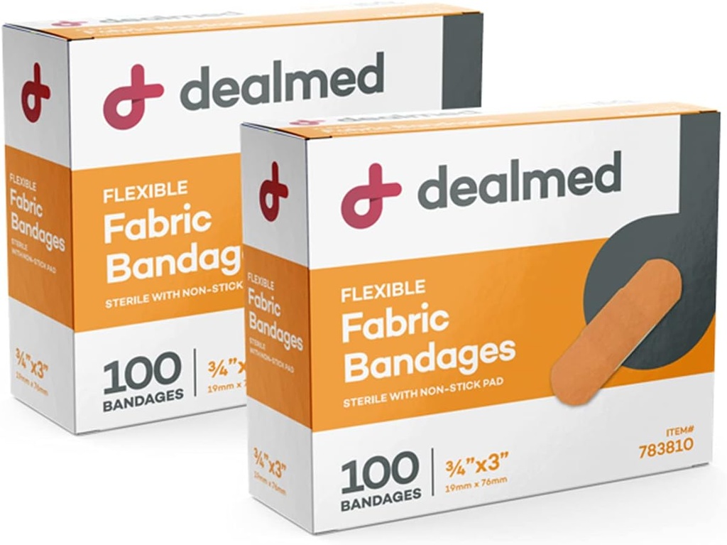 Dealmed Ύφασμα Ευέλικτες Αυτοκόλλητες Επιδέσμους – 100 Count (2 Pack) Επιδέσμους με μη Stick Pad, Latex Free, Περιποίηση Τραυμάτων για First Aid Kit, 3" x 3/4"