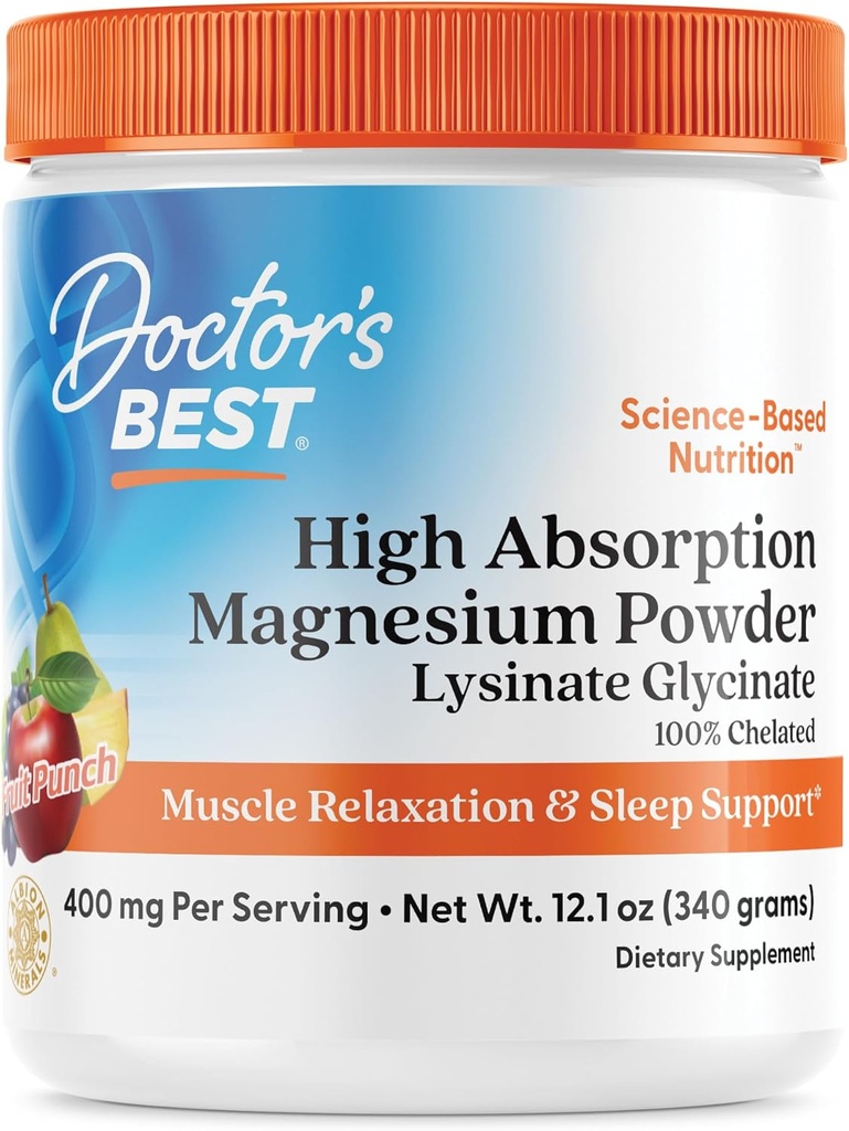 Doctors Best High Absorption Magnesium Powder Lysinate Glycinate 100% Chelated, Muscle Relaxation & Sleep Support, Gluten Free, Vegan, 100% Chelated Net Wt. 12.1 oz (340 Grams), Fruit Punch Flavor