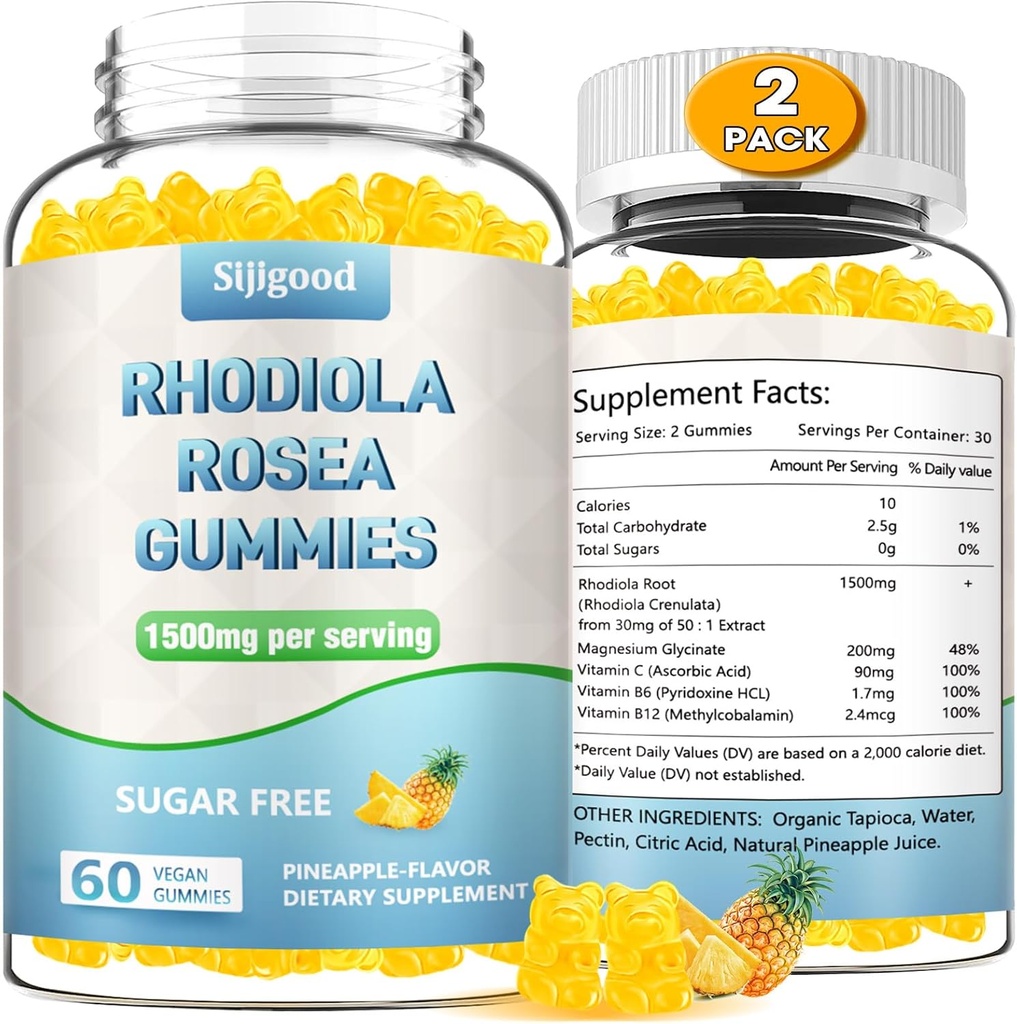 2 Pack Χωρίς ζάχαρη Rhodiola Rosea Gummies, Adaptogenic Rhodiola Rosea συμπλήρωμα & Cortisol Blocker για την ενισχυμένη Stamina, Mood ανύψωση, και Motion Boost, Non-GMO, Vegan, 120 Count