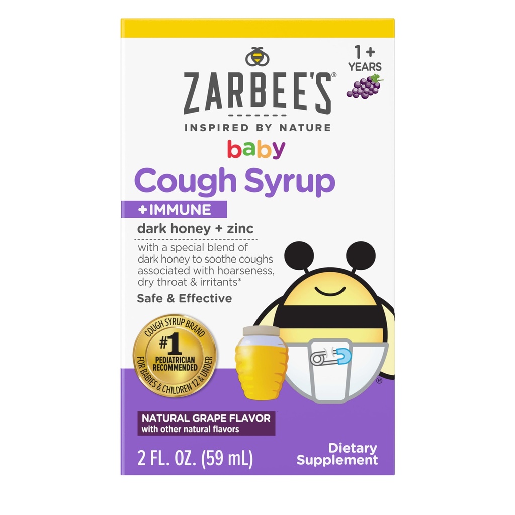 Zarbee's Baby Honey Cough Syrup + Immune for Bebekler 12-24 Ay, Güvenli ve Etkili Cough Syrup with Soothing Dark Honey & çinko for Immune Support*, Drug & Alkol-Free, Grape, 2 fl. Oz