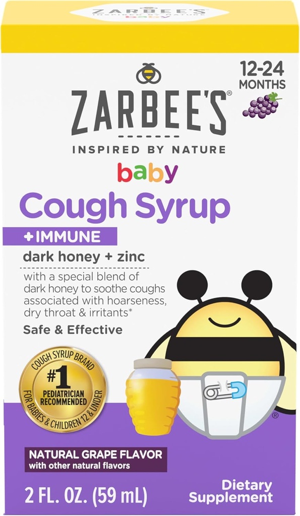Zarbee's Baby Honey Cough Syrup + Immune for Bebekler 12-24 Ay, Güvenli ve Etkili Cough Syrup with Soothing Dark Honey & çinko for Immune Support*, Drug & Alkol-Free, Grape, 2 fl. Oz
