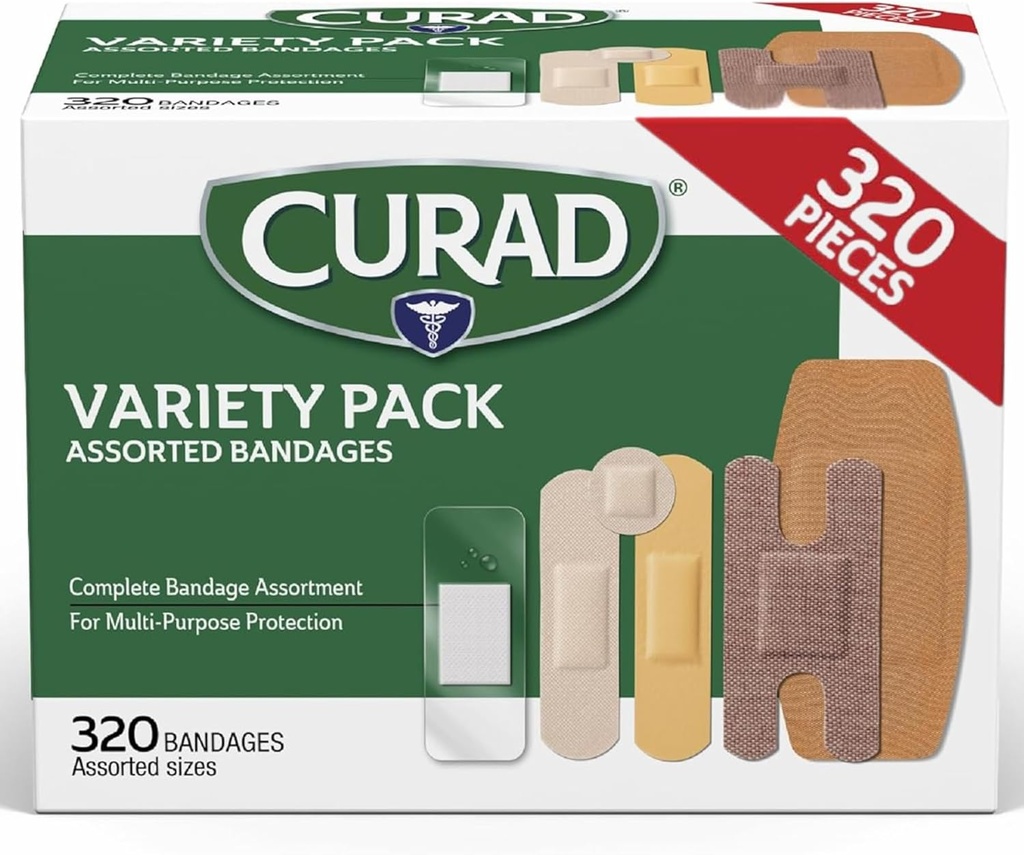 CURAD Assorted Bandages Bulk Diversity Pack 320 Count 5 Stil Proluding Suları, Sheer, Plastik, Ağır Görev & Flex-Fabric İlk Yardım Kit Essentials Yararlar, Cuts & Burns