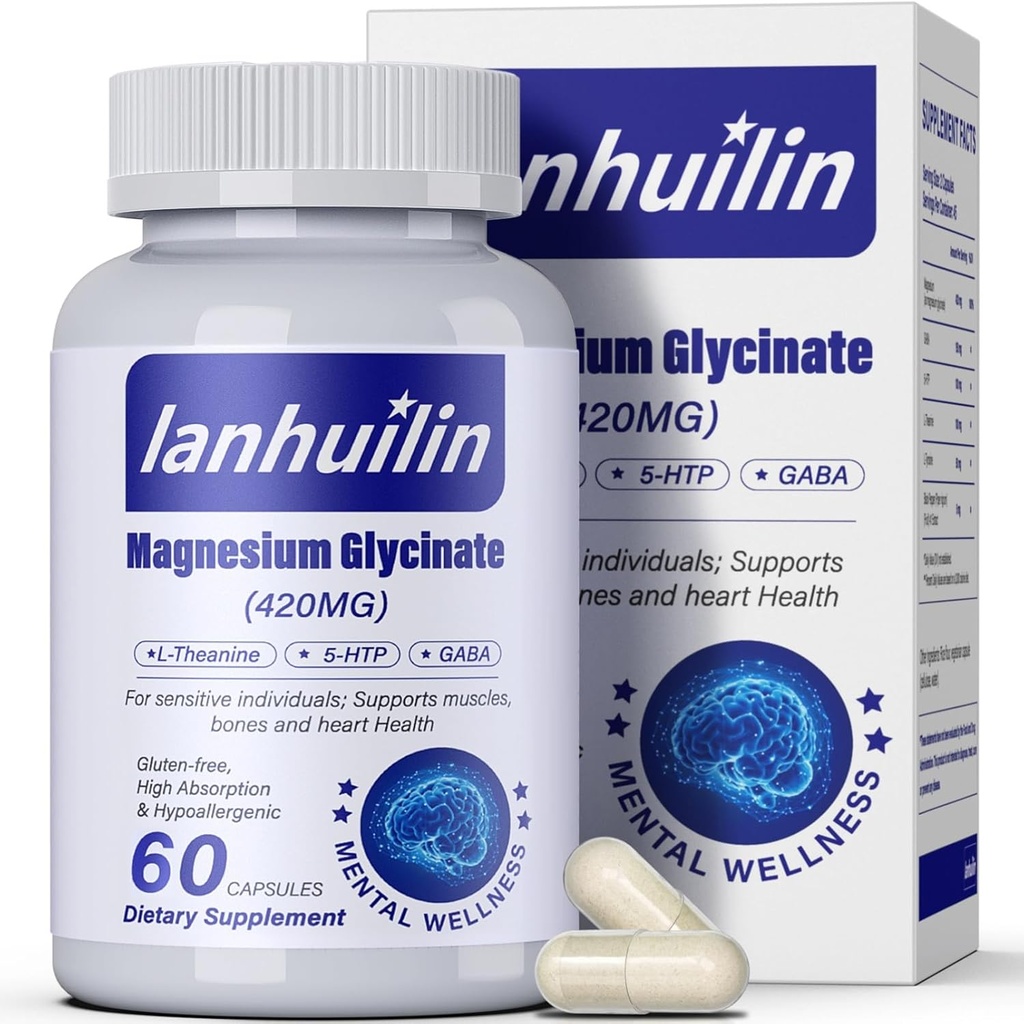 6-in-1 Magnezyum Kompleksi, 420 mg Pure Glycinate, Magnezyum Supplement with GABA, 5-HTP, L-Theanine, L-Tyrosine, Vegetarian & High Abxia, 60 Capsules