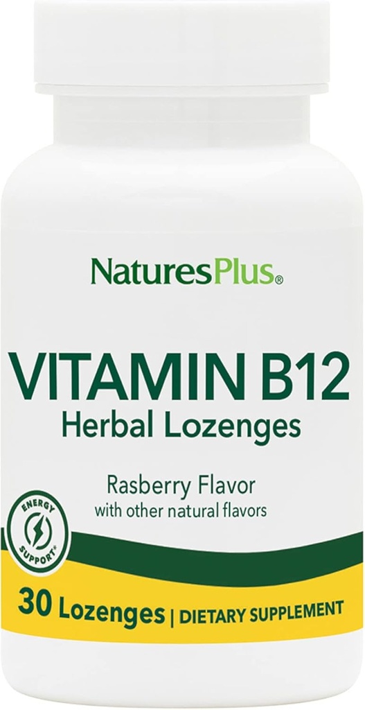 Natures Plus B12 Herbal Lozenges (Methylcobalamin) - 1000 mcg, 30 Sublingual Lozenges - Raspberry - Maximum Absorption Red Blood Cell Support - Energy Booster - Vegetarian, Gluten-Free - 30 Servings