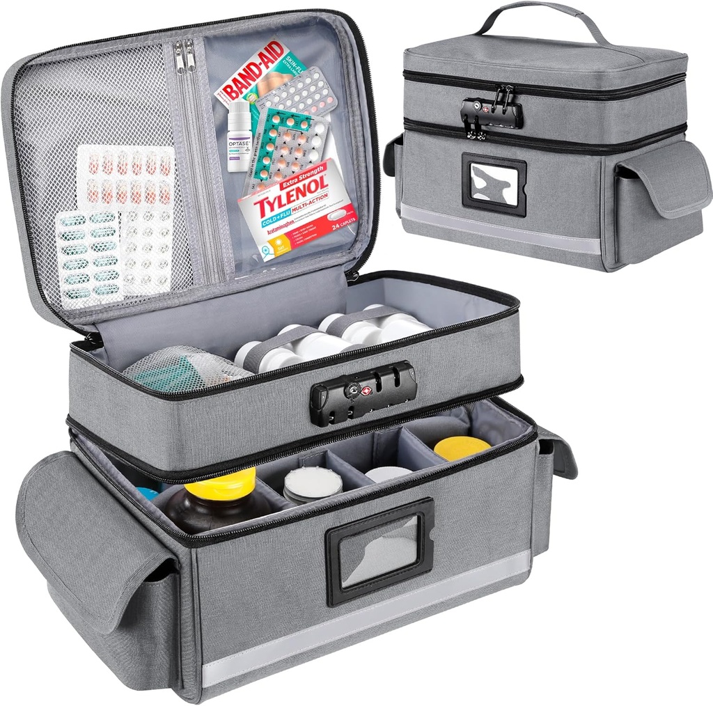 Zannaki Tıp Deposu Kombinasyon Kilit, Çift Katmanlar Pill Şişe Organize Bag Boş, İlaç Kilitli Kutuları Prescription, Vitamins, Supplements or Medical Materials, Grey Grey Grey Grey