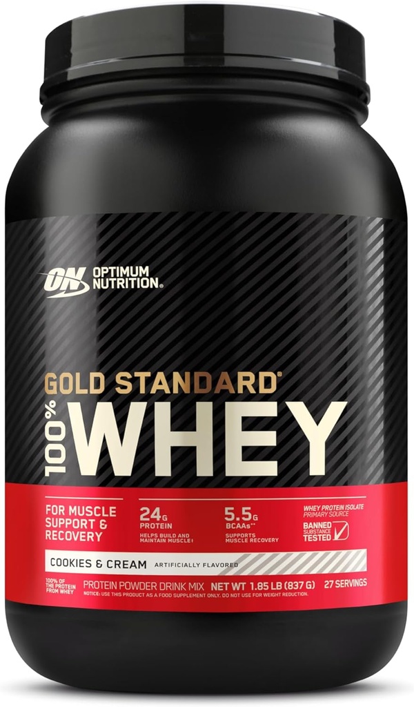 Optimum Nutrition Gold Standard 100% Whey Protein Powder, Cookies & Cream, 2 Pound (Packaging May Vary)