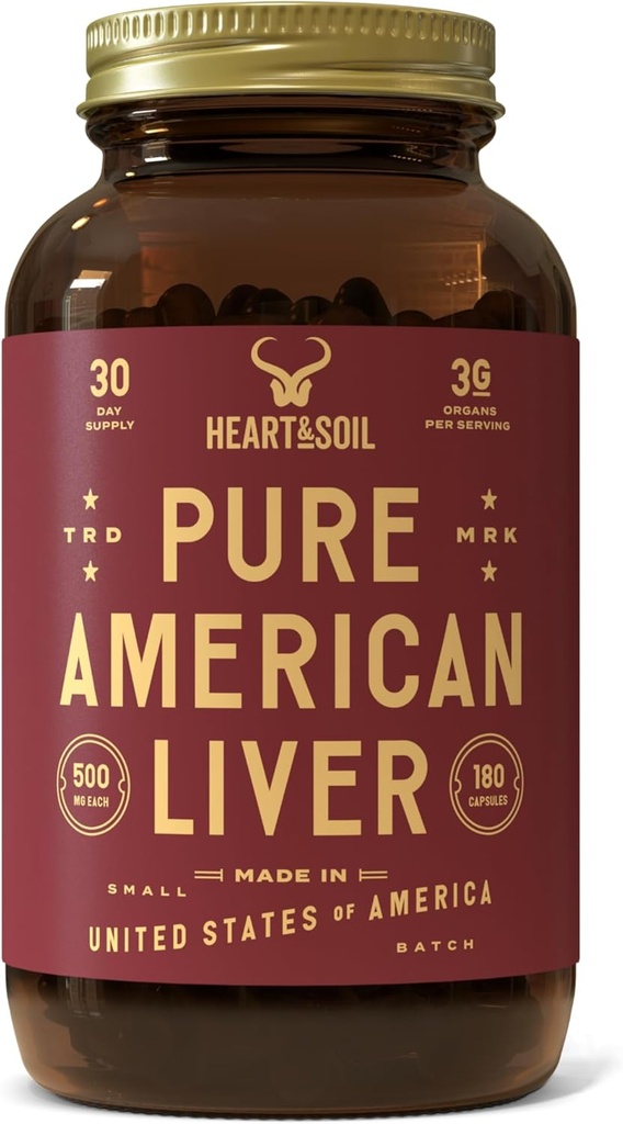 HEART & SOIL – American Liver Supplement – 3000 mg Grass-Fed Beef Liver, A, B12, Iron & Peptides – Non-GMO, Allergen-Free – 180 Capsules
