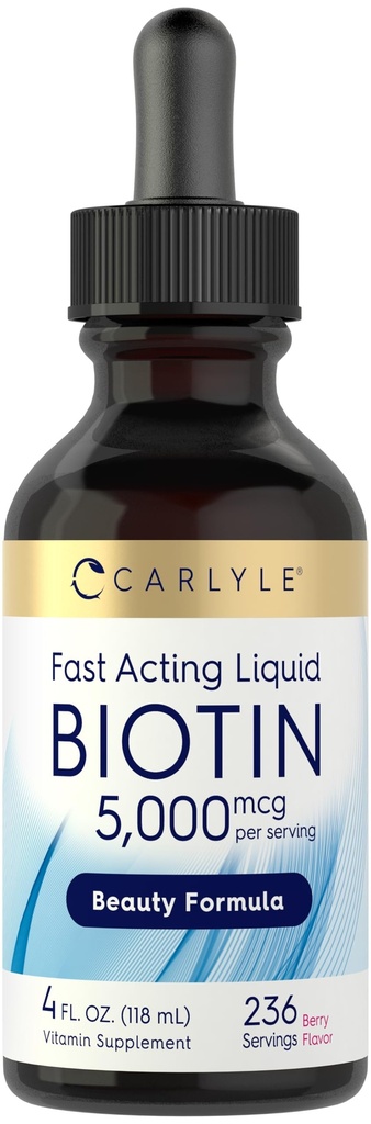 Carlyle Biotin 5000mcg Liquid Drops | 4 fl oz | Kadınlar ve Erkekler için | Berry Flavor | Güzellik Formula | Vegetarian, Non-GMO & Gluten Free Supplement Supplement