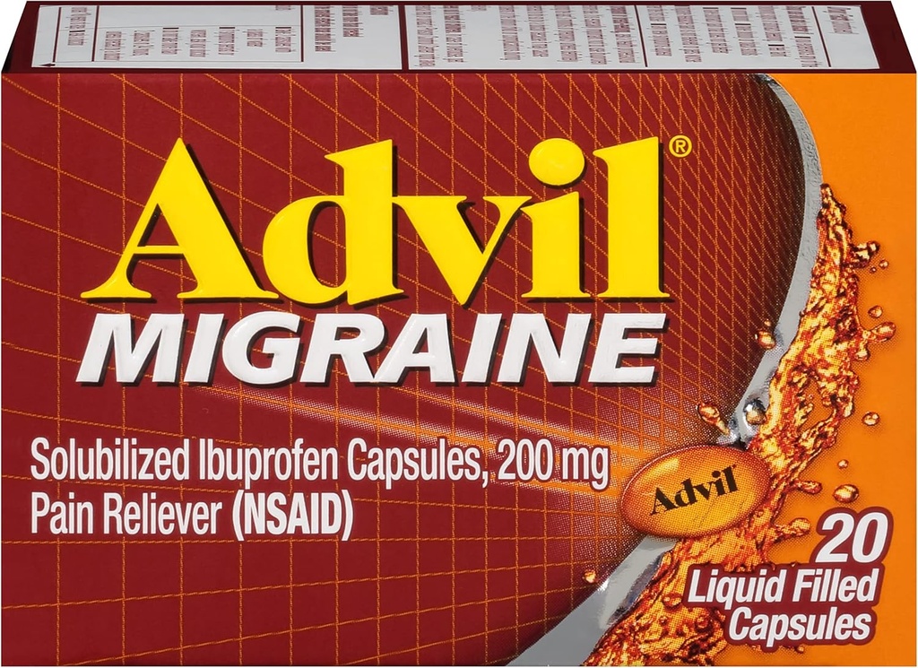 Advil Migraine Headache Relief, Ibuprofen Capsules with Ibuprofen 200 mg for Migraine Relief, Nausea Relief and Light Hassasity Relief - 20 Liquid Filled Capsules