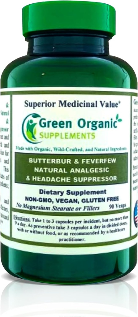 Πράσινα Βιολογικά Συμπληρώματα Butterbur, Feverfew, Αναλγητικό, Παυσίπονο, & Πονοκέφαλος Καταπιεστής, 90 VCaps, Υψηλή Απορροφώμενη, Μη ΓΤΟ, Χωρίς Γλουτένη (πακέτο του 1)