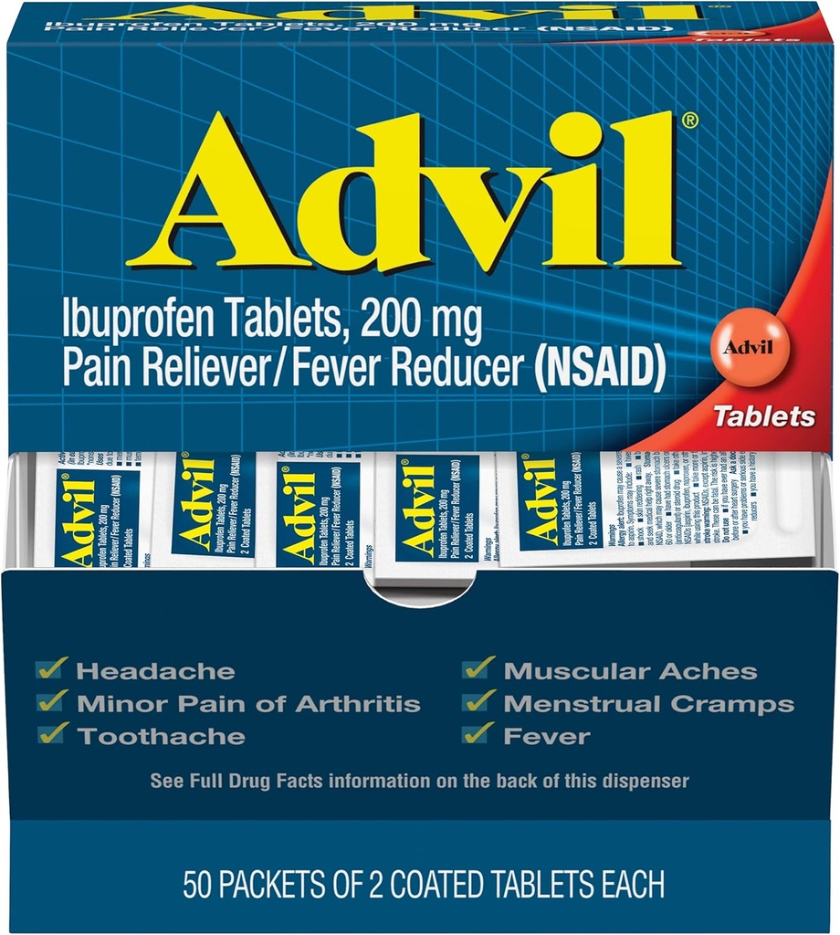 Advil Ibuprofen, 200 mg, 2 kapaklı Tabletlerin 50 Paketleri (Paketi 5)
