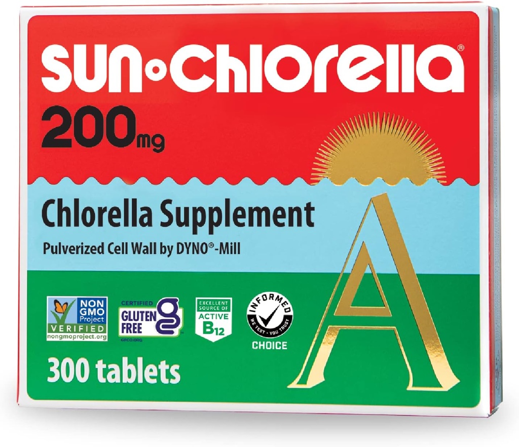 Sun Chlorella 200 mg Green Algae Superfood Supplement - Pulverized Cell Wall - Chlorophyll, CGF, Active B12, Iron, protein - Non-GMO - 300 Tabletler