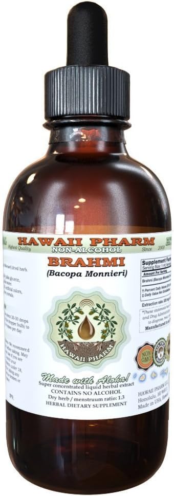 Brahmi Alkol Özgür Sıvı, Organik Brahmi Sıvı (Bacopa Monnieri) Tüm kuru Herb Glycerite Hawaii Pharm Natural Herbal Supplement 2 oz