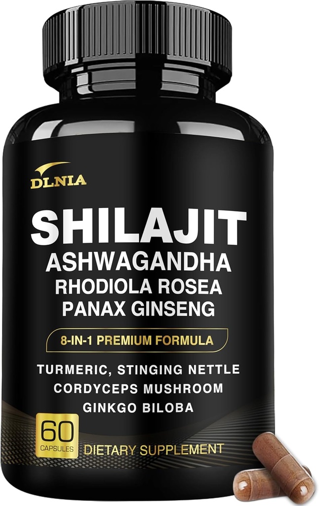 8-in-1 Shilajit for Men & Women with Ashwaganda Himalayan Organic Supplement with Rhodiola Rosea, Ginseng, Turmeric, Mushroom, for Immune Support, Energy, Calm, Focus, Clarity, Sleep, Cortisol