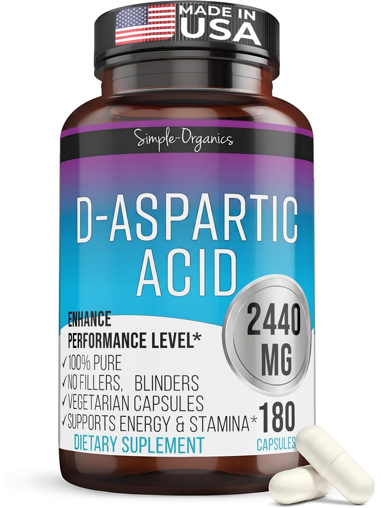 Kaibro Nutra D-Aspartic Acid Supplement for Men, 2440 mg D-Aspartic Acid per Service, Energy & testosteron Support, Gluten-Free Non-GMO, 180 Vegan Capsules