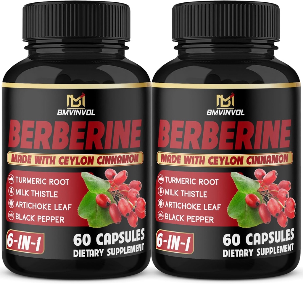 (2 Packs) Berberine Supplement Plus Ceylon Cinnamon, Turmeric, Artichoke, Milk Thistle, Black Pepper - 120 Capsules - 4 Ay Supply