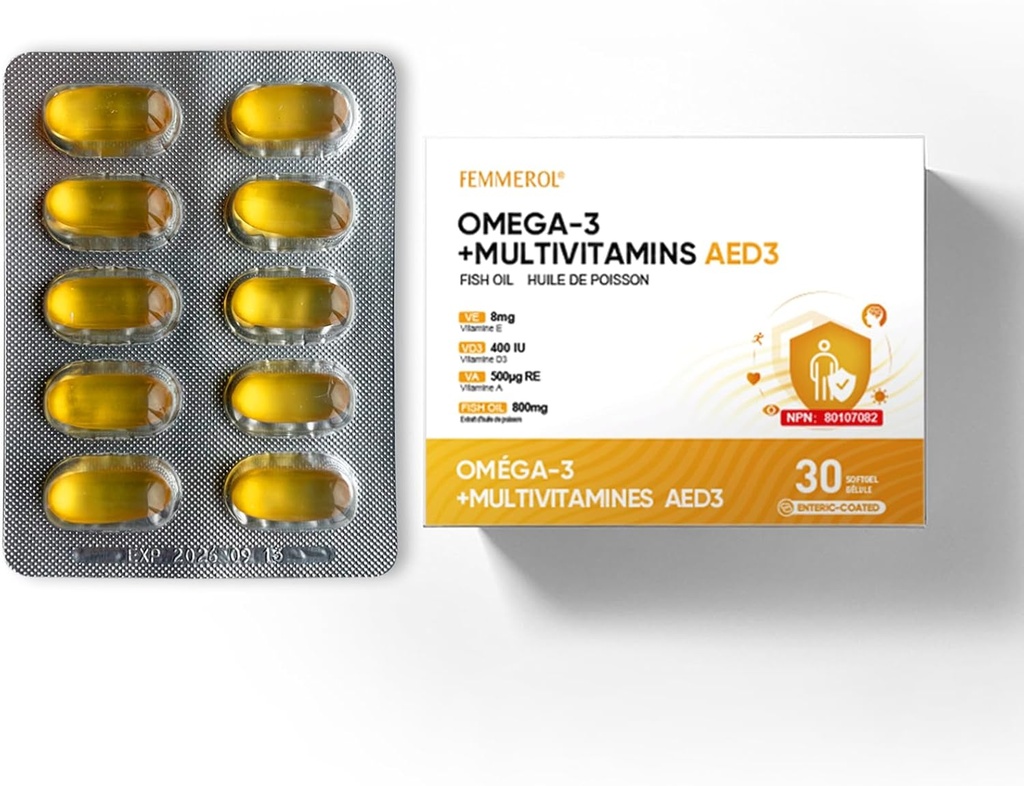 Omega-3, Kadınlar ve Erkekler için Multivitamin, A Vitamin E ve Vitamin D3 ile A vitamini, Vitamin E ve Vitamin D3 Vitamin Immune Function Desteği (1 Box 30 Softgels) için
