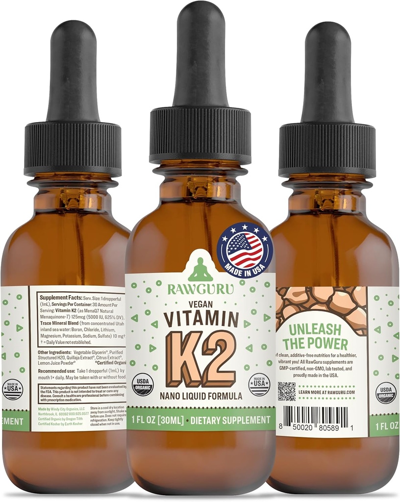 RawGuru Vitamin K2 Supplement - Organik Vegan Vitamin K2 MK7 with Trace Minerals - Nano-Processed Antioksi & Immune Support Supplement Tincture - 30 ml Vegan Drops 30 ml, Pack of 1