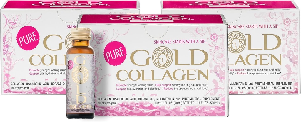 GOLD COLLAGEN Pure – Collagen Supplements for Women & Men with Biotin for Hair growth, Skin and Nail - Anti Wrinkle Immune System Alert with Hyaluronic Acid, Vitamin C, B6 ve çinko, 3 Pack 10x50 ml