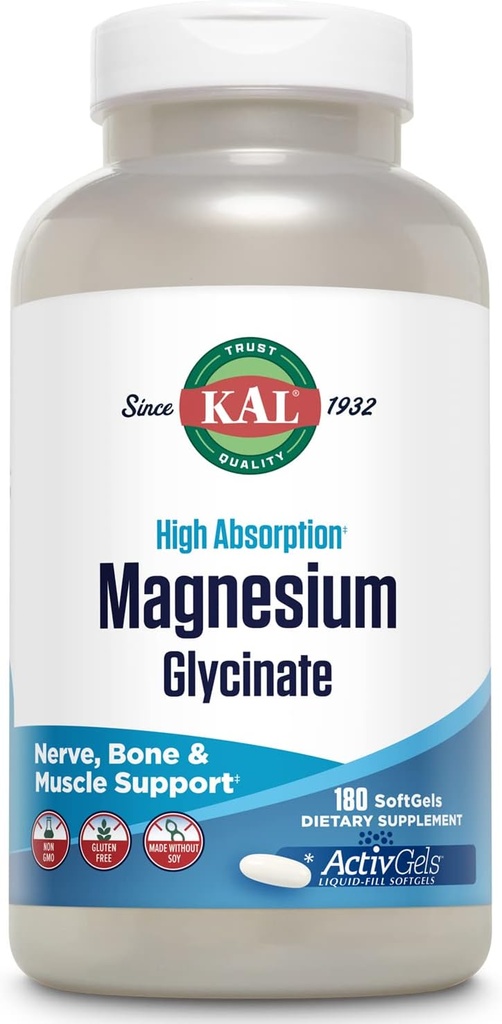 KALEM Glycinate ActivGels 315 mg, Tam Chelated, High Abxia Magnezyum Supplement for Relaxation, Muscle & Bone Support, Non-GMO, Gluten Free, 60 Hizmet, 180 Softgels