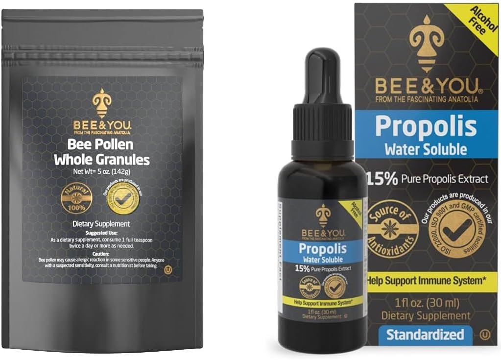 BEE και εσείς Bundle, Bee Γύρη κόκκων, τσάντα 5oz, με 100% φυσικό Propolis Extract σταγόνες, Ultra Pure, συμπλήρωμα υποστήριξης ανοσοποιητικών, Superfood, Αντιτοξικά, Βιταμίνες,