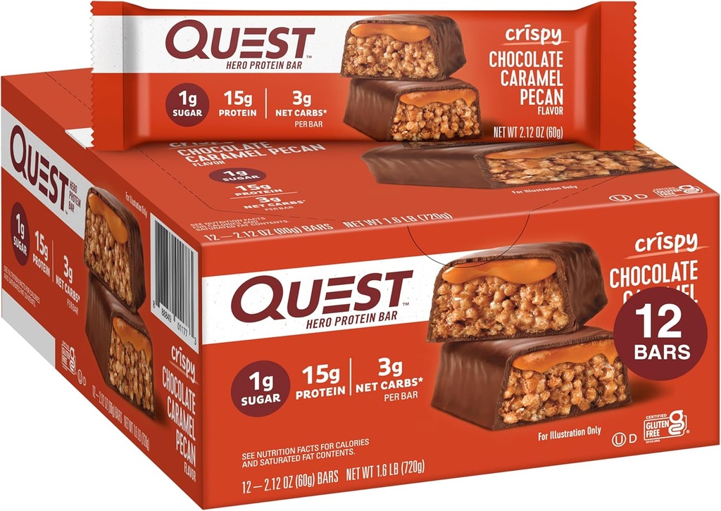 Quest Beslenme Crispy Chocolate Caramel Pecan Hero protein Bar, 15g Protein, 1g Sugar, 3g Net Carb, Gluten Free Protein Snack, Keto Friendly, 12