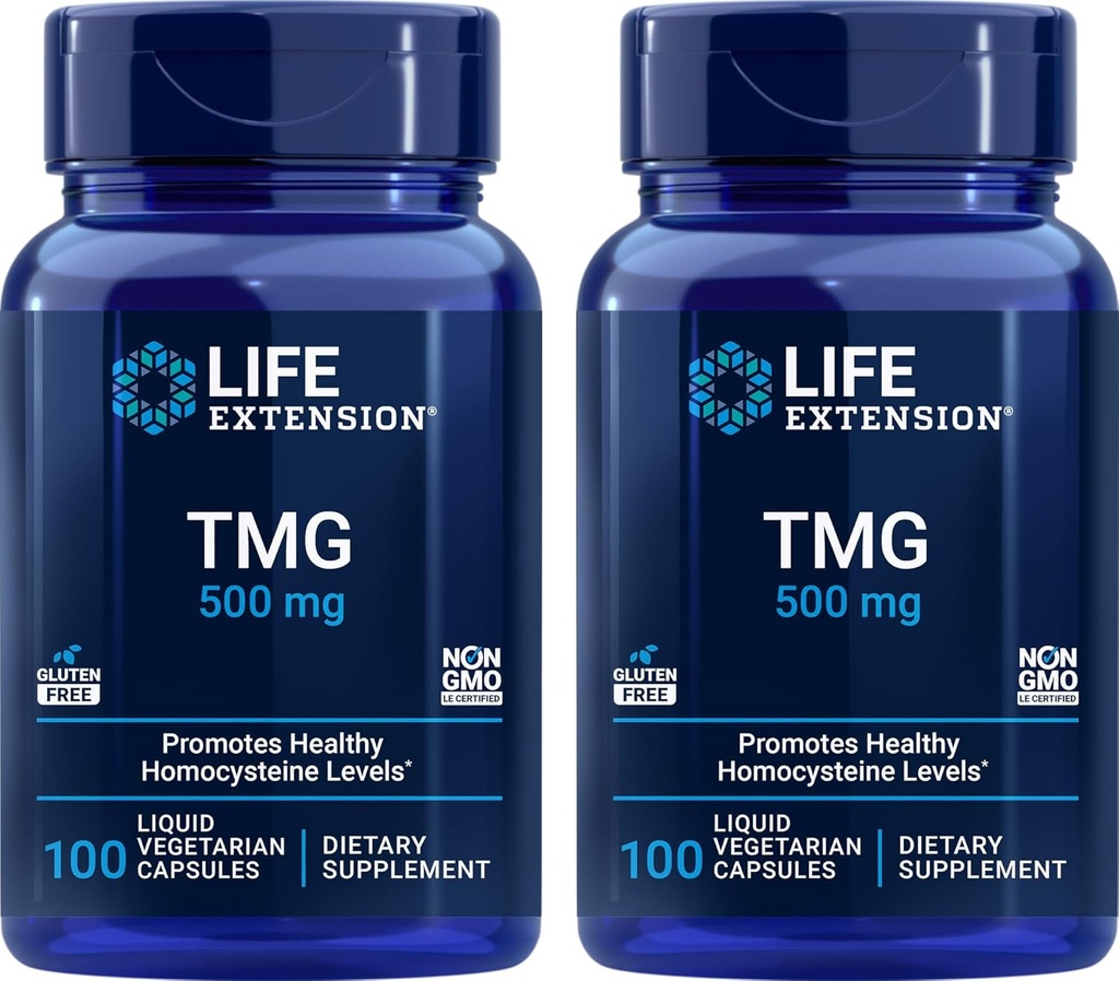 Life Extension TMG 500 mg, 100 Liquid Veg Caps (Pack of 2) - Tritilglycine (Glycine Betaine) Tamam - Gluten Free, Non-GMO, Vegetarian