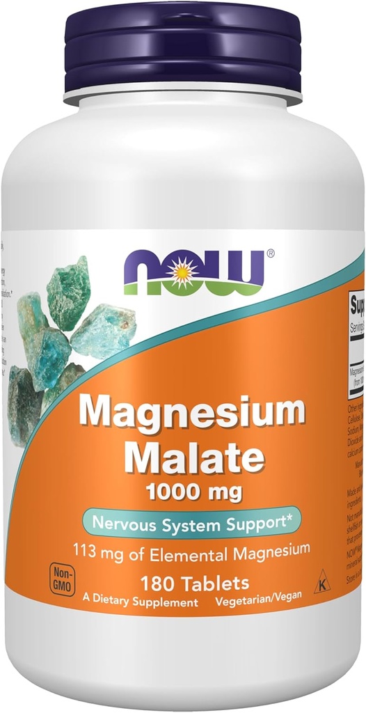 NOW Foods Supplements, Magnesium Malate 1000 mg, Energy Production*, Nervous System Support*, 180 Tablets