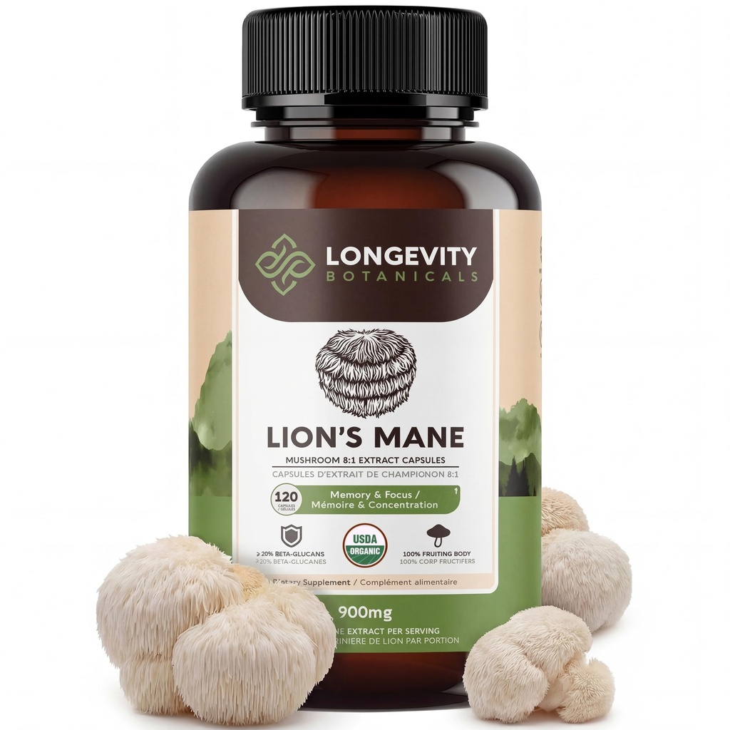 Organik Lions Mane Supplement Capsules (120) | Pure Fruiting Body 8:1 High Strength Mushroom Extract |% 20,200 mg Raw Equivalent Per | Focus, Memory, Gut & Brain Support