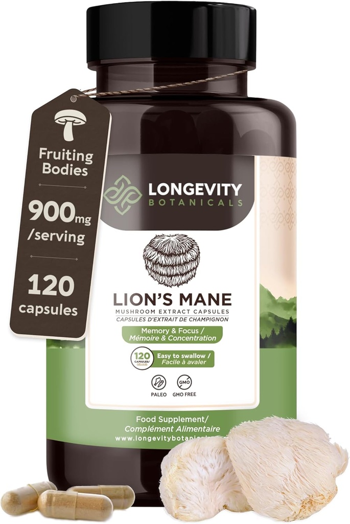 Organik Lions Mane Supplement Capsules (120) | Pure Fruiting Body 8:1 High Strength Mushroom Extract |% 20,200 mg Raw Equivalent Per | Focus, Memory, Gut & Brain Support