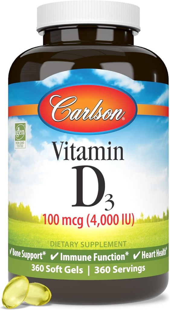Carlson - Vitamin D3, 4000 IU (100 mcg), Bone & Immune Health, Cholecalciferol Supplement, Gluten Free D Capsules, 360 Softgels