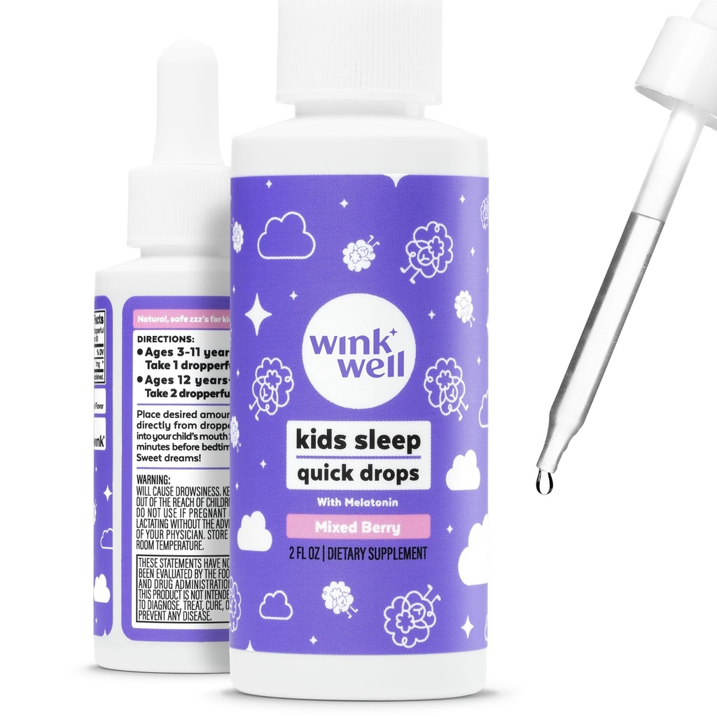 Wink Well Kids Melatonin Drops- Natural Baby Sleep Drops for Toddler Sleep Aid with 1 mg Per Service-Non-Addictive Children's Liquid Melatonin- 2 Oz Oz