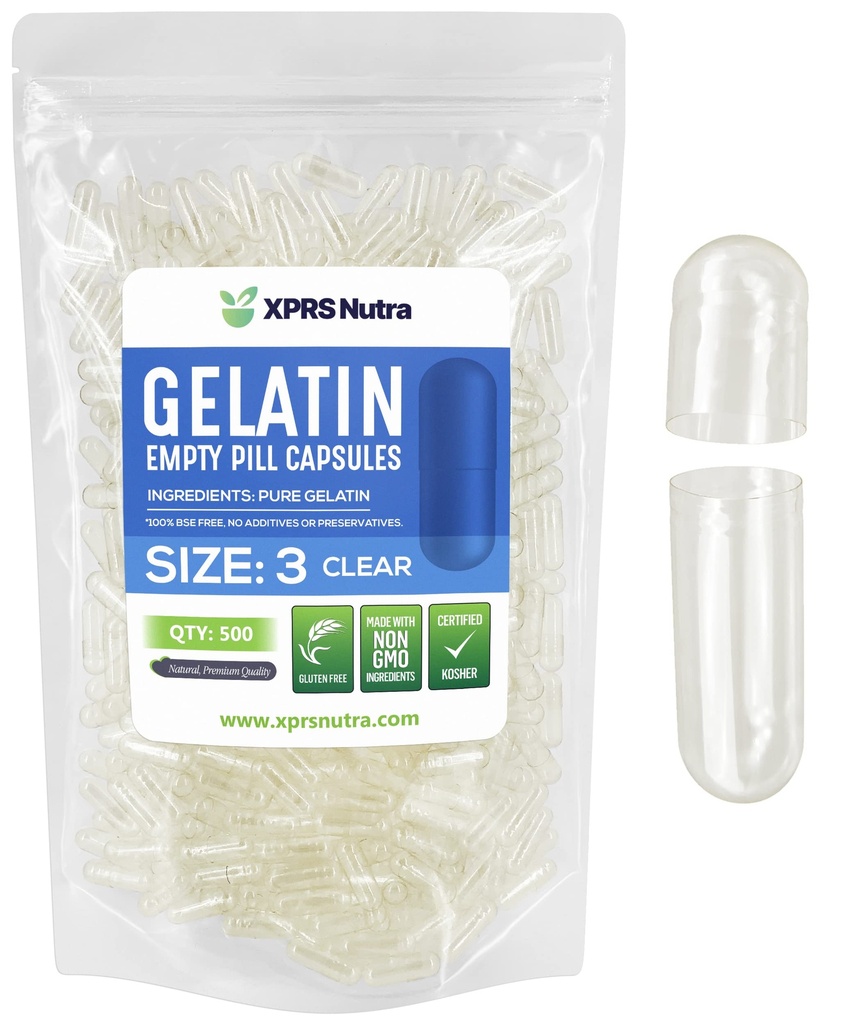 XPRS Nutra Μέγεθος 3 Κενές κάψουλες - 500 Clear Count Empty Gelatin Κάψουλες - Χάπια DIY Καψάκιο Γέμισμα - Καθαρό τζελ χάπια βοοειδών Γέμισμα για Do-It-Yourself Βιταμίνες και συμπληρώματα