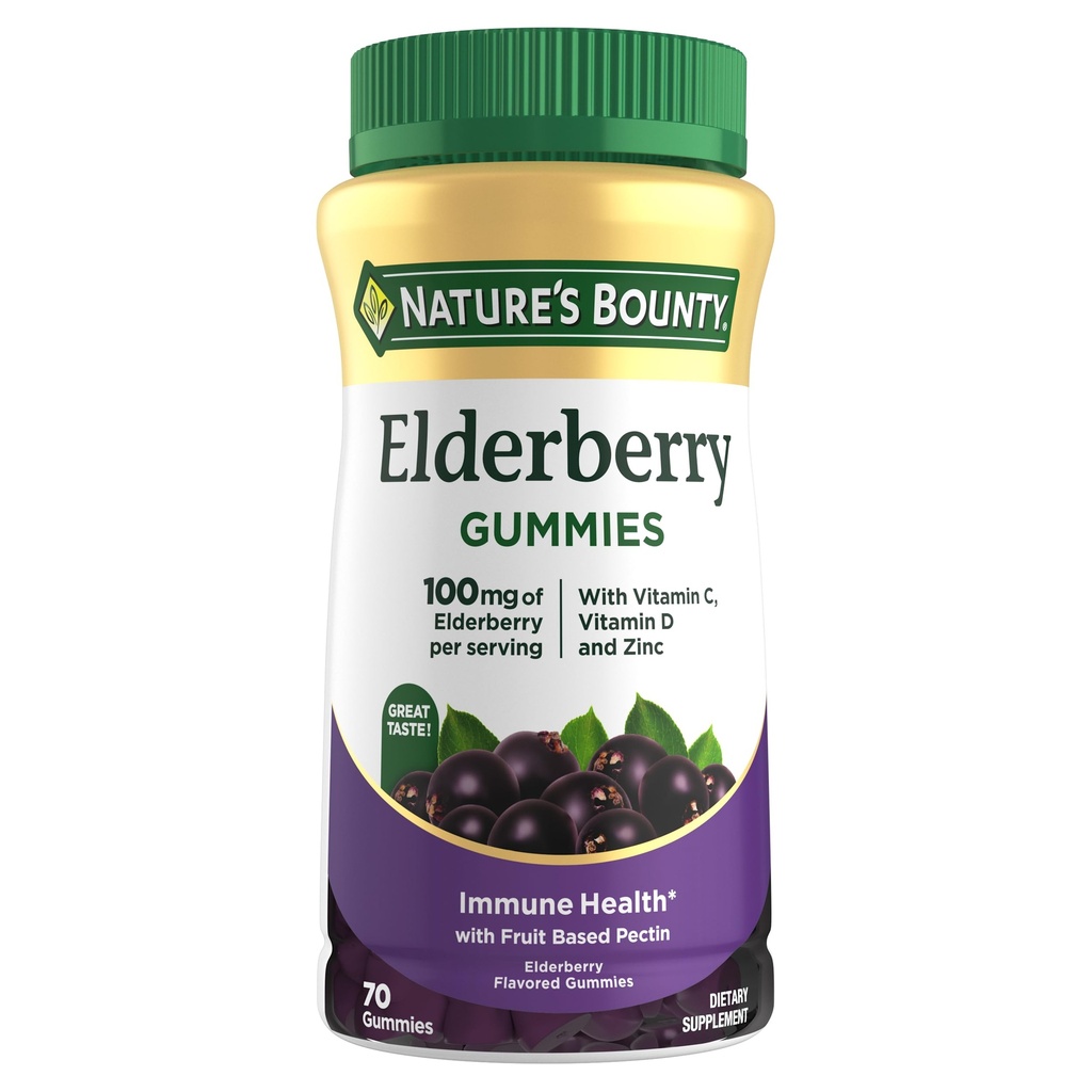 Nature's Bounty Elder Gummies, Dietary Supplement, Supports Immune Health, Contains Vitamin A, C, D, E ve çinko, 100 mg, 70 Gummies