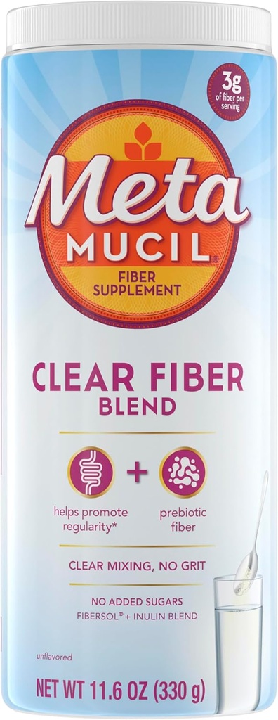Metamucil Fiber συμπλήρωμα, Unflavored Clear Mixing Powder, χωρίς Grit, χωρίς ζάχαρη Προστέθηκε, Plant Based Prebiotic Fiber συμπλήρωμα Blend για Daily Digestive Health, 75 κουταλάκια του γλυκού