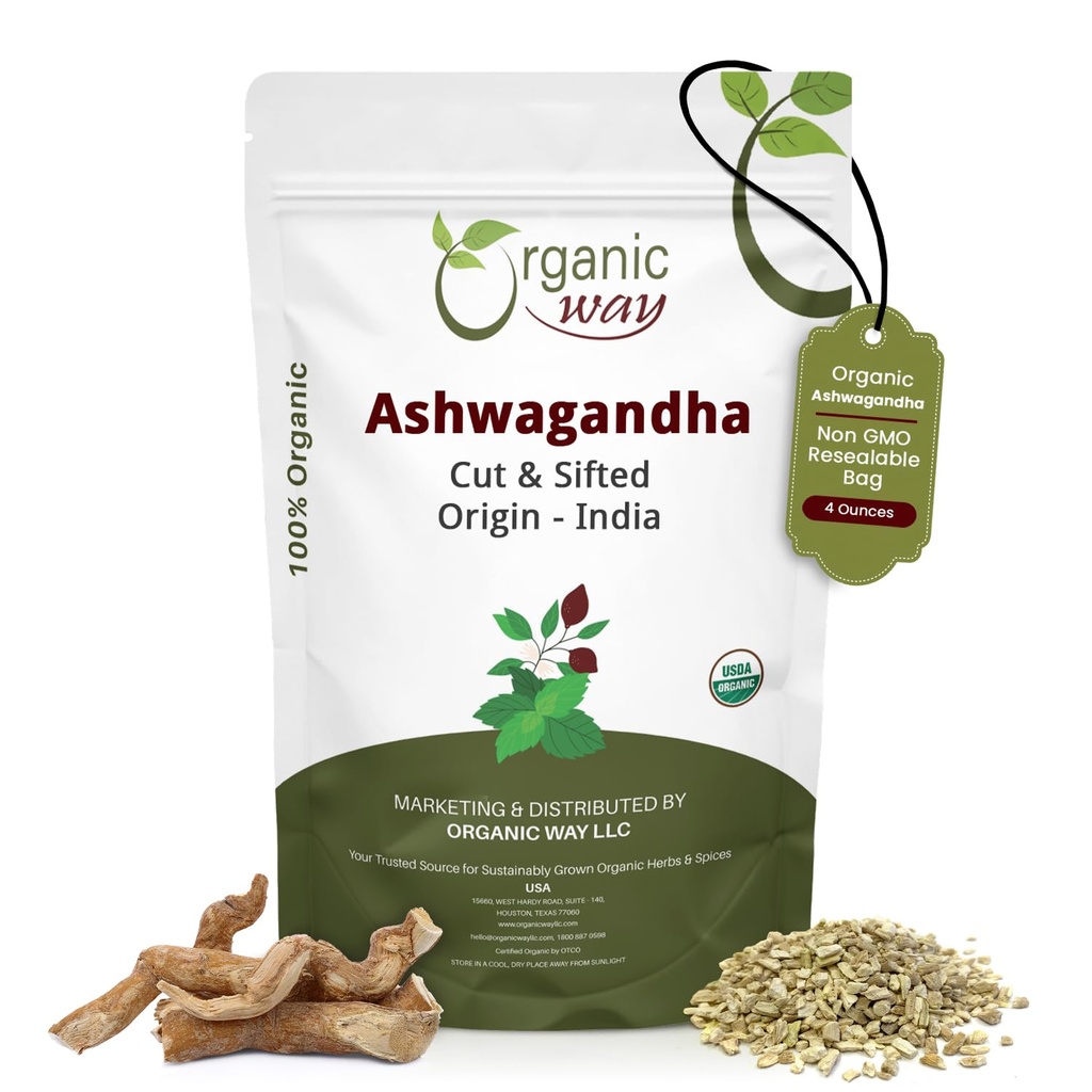 Organik Way Ashwagandha Root Cut & Sifted (Withania somnifera) - Organik & Kosher Sertifikalı | Vegan, GMO & Gluten Ücretsiz | USDA sertifikalı | Origin - Hindistan (1/4LBS / 4Oz.)
