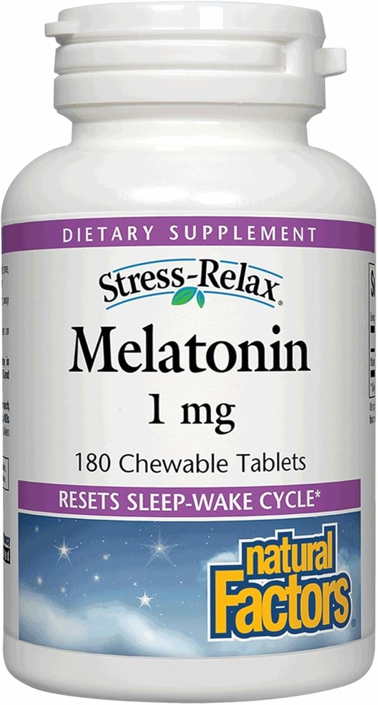 Stres-Relax Melatonin 1 mg Tarafından Natural Factors, Natural Sleep Aid, Sleep-Wake Rise, 180 çiğnebilir tabletler (180 hizmet), Peppermint Flavor